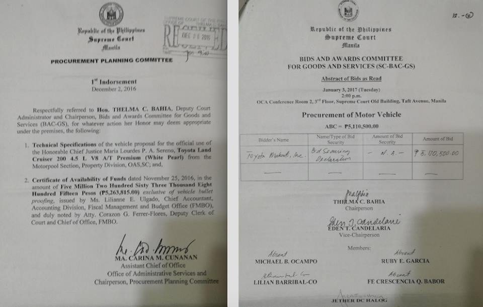 TOYOTA PURCHASE. Documents showing the proposed P5.1-million vehicle purchase for CJ Sereno. Photos from Atty Larry Gadon 