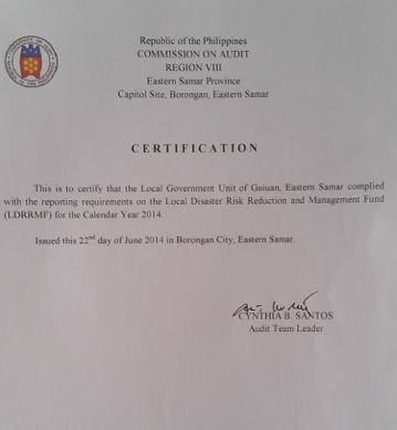 CERTIFIED. A document from the Commission on Audit certifying that Guiuan completed its documentary reporting requirements. Photo from Guiuan mayor Christopher Sheen Gonzales 
