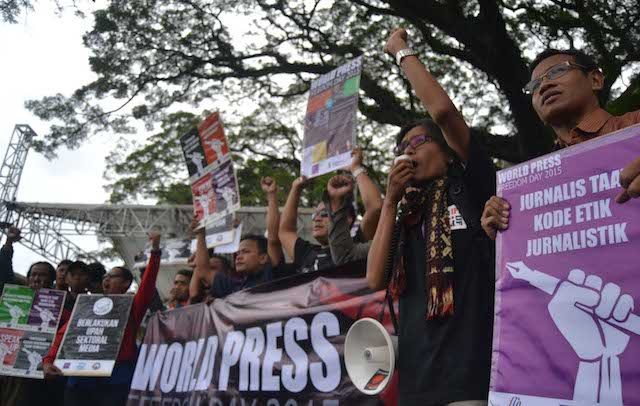 Aksi Hari Pers Internasional di kota Malang, Jawa Timur, Minggu 3 Mei 2015. Foto oleh Dyah Ayu Pitaloka/Rappler 