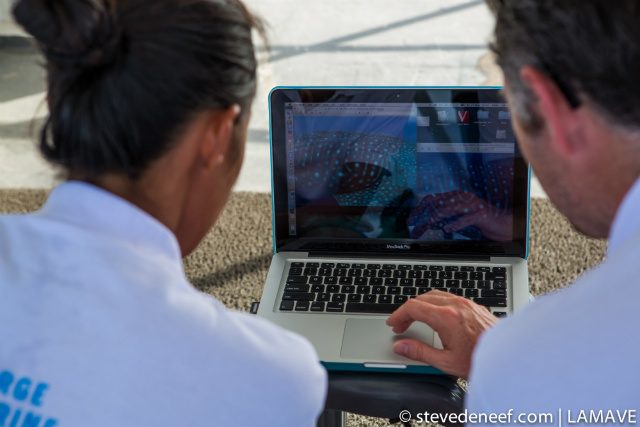 PHOTO ID. Dr Simon Pierce and LAMAVE researcher Jessica Labaja compare spot patterns of whale sharks encountered during Expedition Shark. Steve de Neef/LAMAVE  