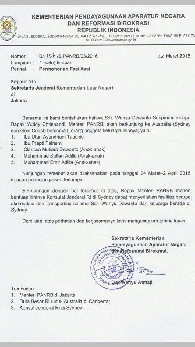 Surat Kemenpan RB yang meminta agar politisi Partai Hanura, Wahyu Dewanto Suripman diberi fasilitas oleh KJRI Sydney dan KJRI Perth selama berlibur di Australia. Foto: istimewa 