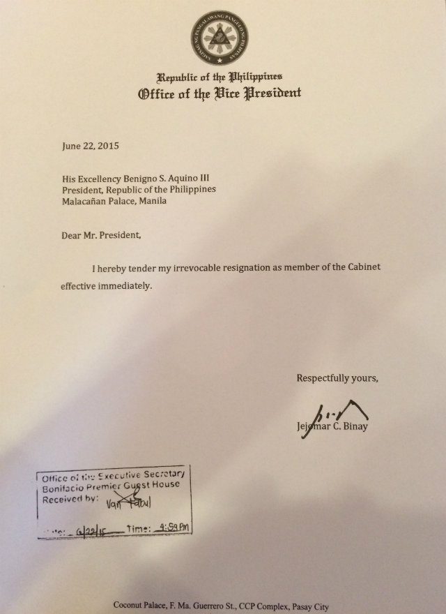 A copy of Vice President Jejomar Binay's resignation letter. Photo by Ayee Macaraig 