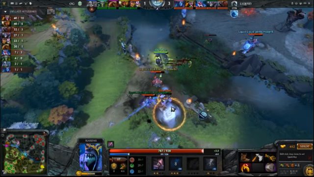 GAME 1. Midlane fiesta for Team Liquid, with Alchemist on the run and Earth Spirit to the rescue. Screen shot from Twitch livestream. 