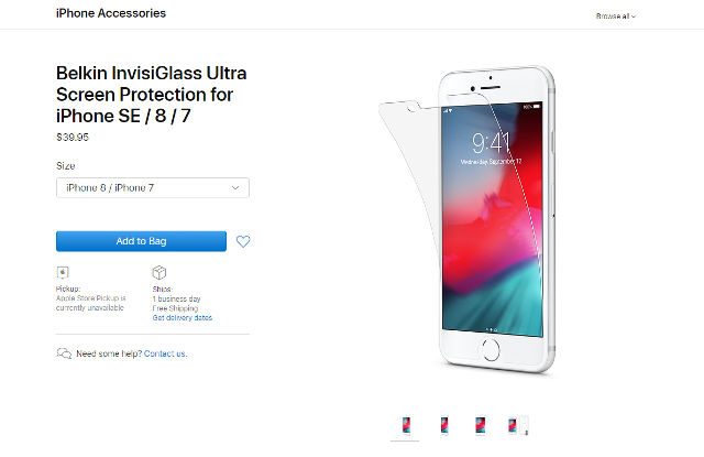 SCREEN PROTECTOR. This case on the Apple Store appears to tout the iPhone SE. Screenshot of Apple Store. 