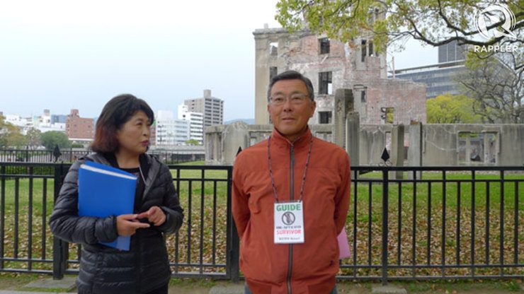 Hibakushas Michiko Yamaoka and Mito Kosei in front of A-bomb Dome. Photo by Rappler/Maria Ressa