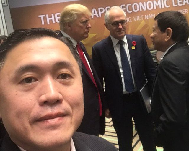 FIRST ENCOUNTER. SAP Bong Go takes a photo of the first encounter between US President Donald Trump and Philippine President Rodrigo Duterte. 