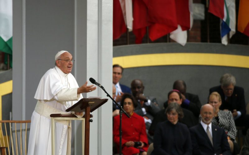Pope Francis speaks in front of Independence Hall on the theme 'We Hold These Truths', a quote from the US Declaration of Independence, in front of Independence Hall in Philadelphia, USA, 26 September 2015. Pope Francis is on a five-day trip to the USA, which includes stops in Washington DC, New York and Philadelphia, after a three-day stay in Cuba. Photo by Jim Bourg/EPA 