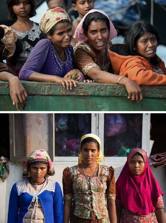 BETTER CONDITION. This combination shows Rohingya migrant women from Myanmar at first crying as they sit on a boat drifting in Thai waters in the Andaman Sea on May 14, and then at a camp in Indonesia’s Aceh province on May 28, 2015. Photos by Christophe Archambault, Chaideer Mahyuddin/AFP   