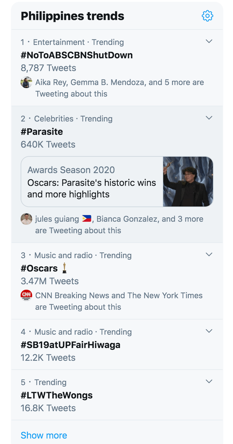 SCREENSHOT. #NoToABSCBNShutDown hits top trending on Philippine trends list. Monday, February 10, 2020. 