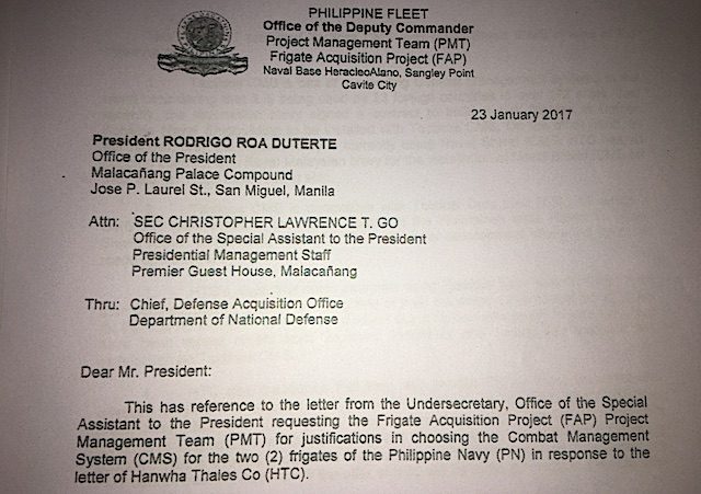 REPORT TO DUTERTE. The Navy official in charge of the frigates project submits a written report to President Rodrigo Duterte and Special Assistant to the President Christopher 'Bong' Go. Screenshot of a sourced document 