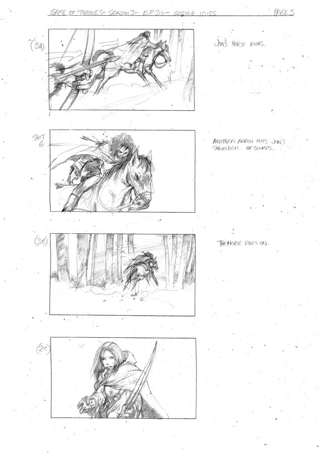 FRAME BY FRAME. A page from the Season 3 scene where the heartbroken Wildling Ygritte shoots Jon Snow. Image courtesy of HBO