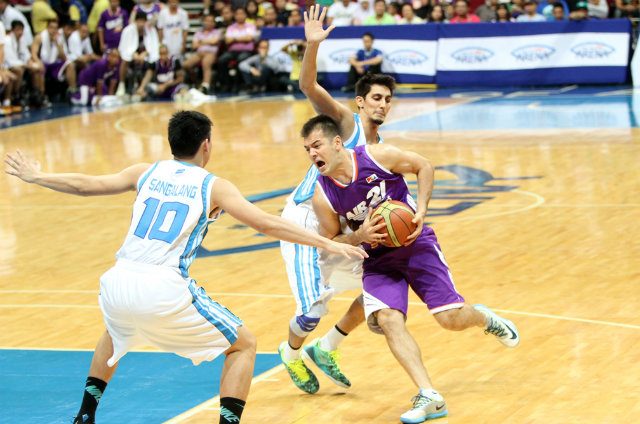 Air21's Sean Anthony makes his move to the basket against San Mig Coffee's Alex Mallari and Ian Sangalang. Photo by Nuki Sabio/PBA Images