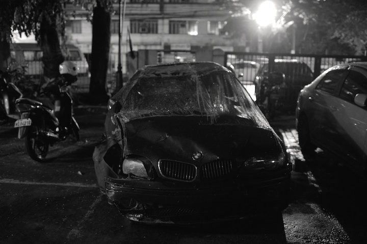 The crushed BMW now parked at the Manila Police District. Photo by Eloisa Lopez / Rappler 
