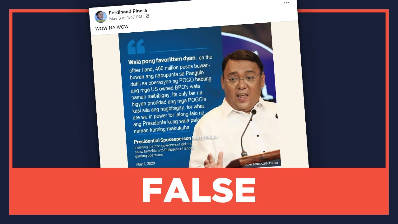 FALSE: Roque says Duterte receives P460 million monthly from POGOs