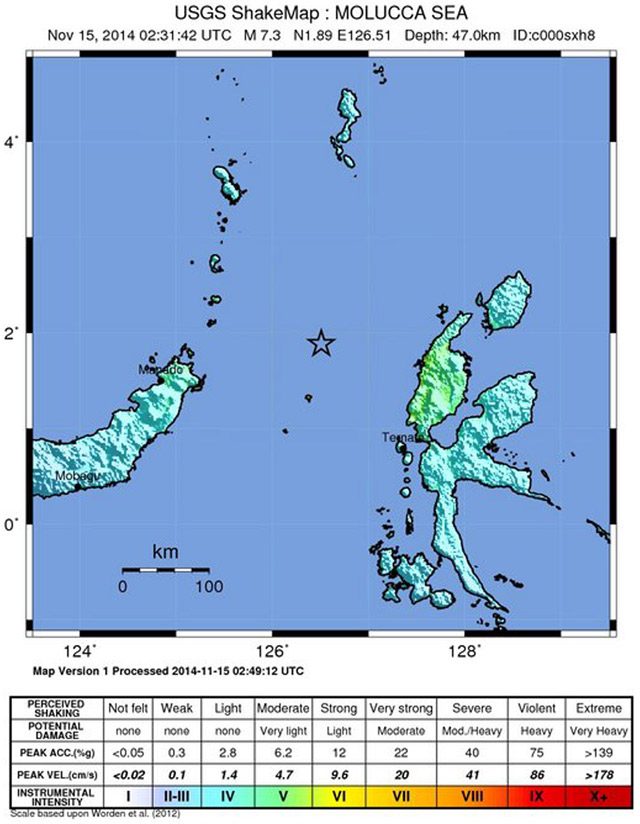 A shake map released by the US Geological Survey (USGS) on November 15 2014 shows the location and intensity of a 7.3 magnitude earthquake 154km North-West of Kota Ternate, in the Northern Molucca Sea, Indonesia.