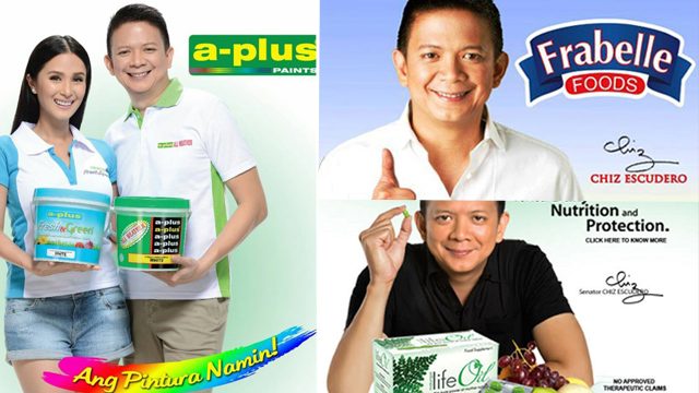PRODUCTS. Sen. Chiz Escudero's commercial endorsements. Photos from respective product's Facebook pages  