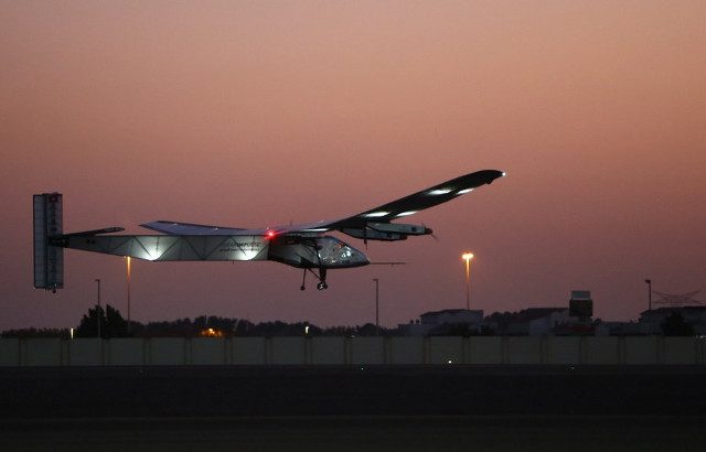 TAKE FLIGHT. Solar-powered plane Solar Impulse 2 takes off during a test flight in Abu Dhabi on March 2, 2015. Photo by Agence France-Presse 