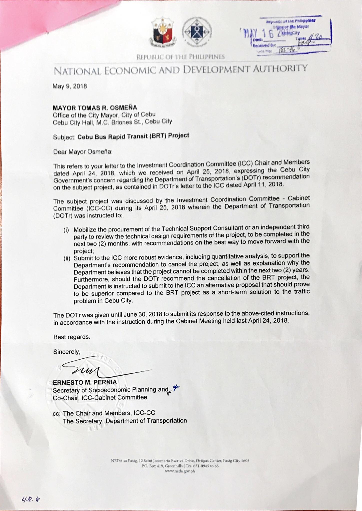 JUSTIFY. In a letter to Cebu City Mayor Tomas Osmeña, NEDA Secretary Ernesto Pernia says he had asked the DOTr to justify with 'quantitative analysis' its request to withdraw the BRT project. Sourced photo   
