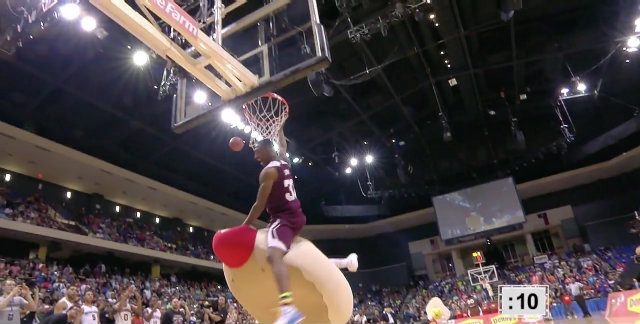 WATCH: Player attempts dunk over pancake man, fails in epic fashion