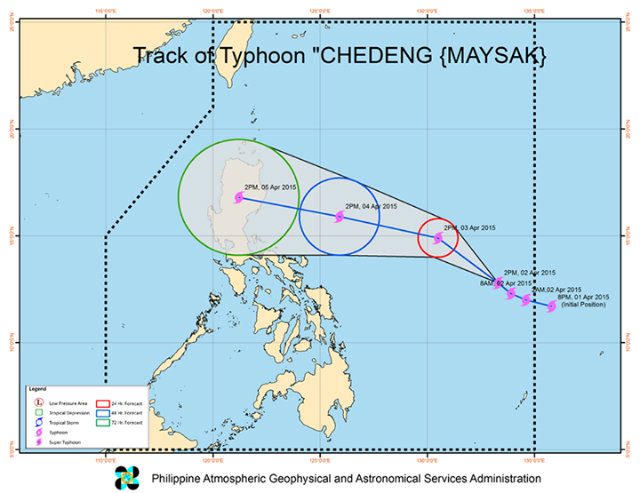 MOVEMENT. Forecast track of Typhoon Chedeng (Maysak) as of 4pm, Thursday, April 2, 2015. Image from PAGASA 
