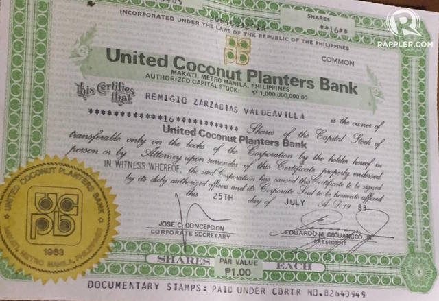 UCPB. This shows Aling Rosing's husband had minute shares in the UCPB while big time businessmen and allies of former president Ferdinand Marcos had millions of stocks in several coco levy companies. File photo by Camille Elemia/Rappler   