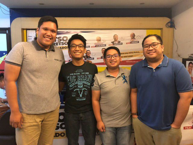 A YOUNG TEAM. Peter Olivar, Ron Reyes, John Paul delas Nieves, and Walter Tamayo are among the twenty-somethings helping run the volunteer-driven campaign of Otso Diretso. Photo by Mara Cepeda/Rappler 
