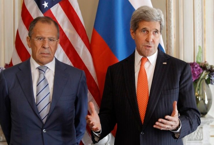 In this file photo, US Secretary of State John Kerry (R) gestures as he stands with his Russian counterpart, Sergei Lavrov (L) prior to their meeting in Paris, France, 05 June 2014. Laurent Cipriani/Pool/EPA
