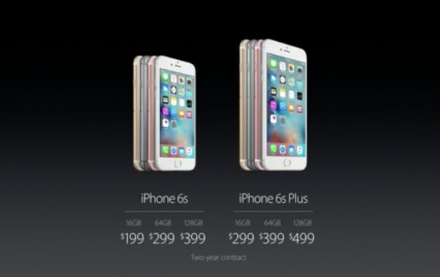 IPHONE 6S LINE PRICING. Screen shot from Apple livestream 