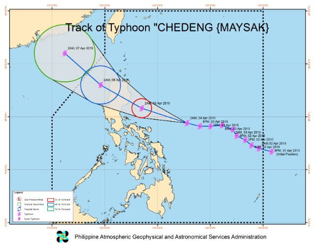 Track of Typhoon Chedeng as of 2 am Saturday, April 4. Image courtesy of PAGASA     