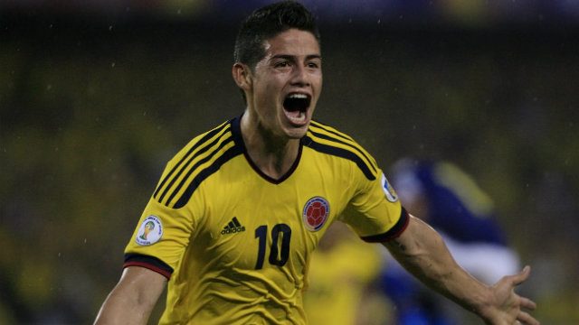 James Rodríguez of Colombia celebrates after scoring against Ecuador during a qualifier for the World Cup last September. Photo by Mauricio Duenas/EPA