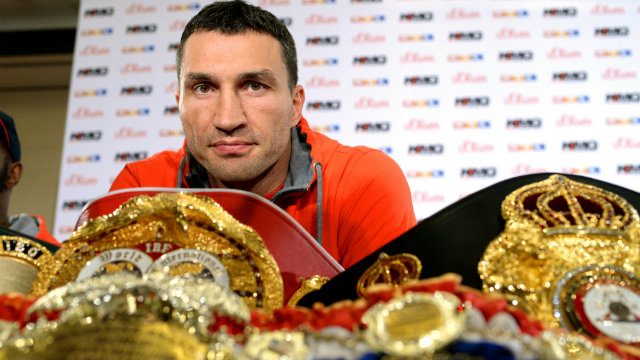 DON’T DOUBT THE CLOUT. Heavyweight champion Wladimir Klitschko sits behind his belts at a press conference in Germany on Tuesday, April 22. Photo by Matthias Balk/EPA