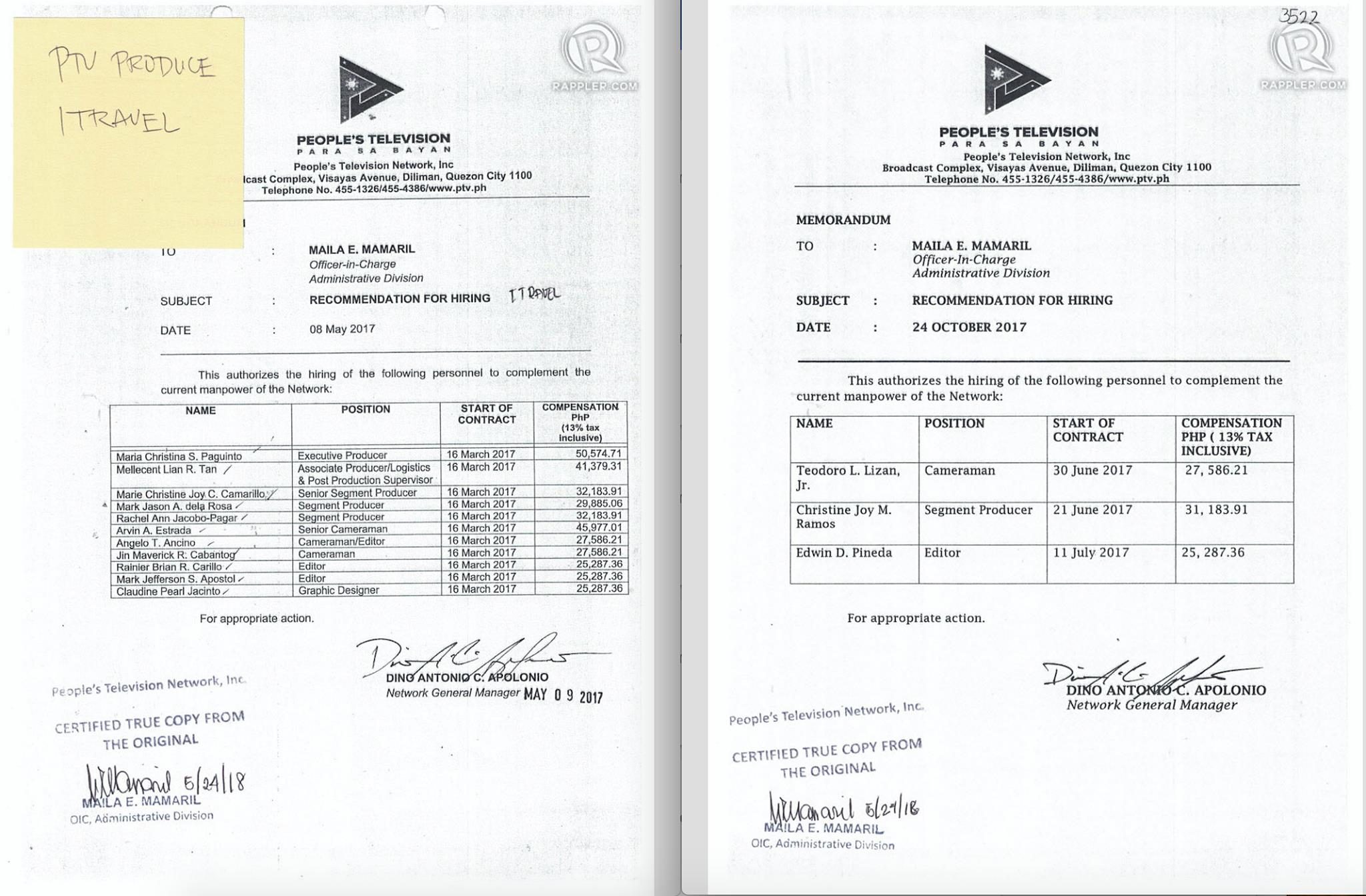 Additional staff hired by PTV for I Travel Pinas. Documents obtained through an FOI request. 