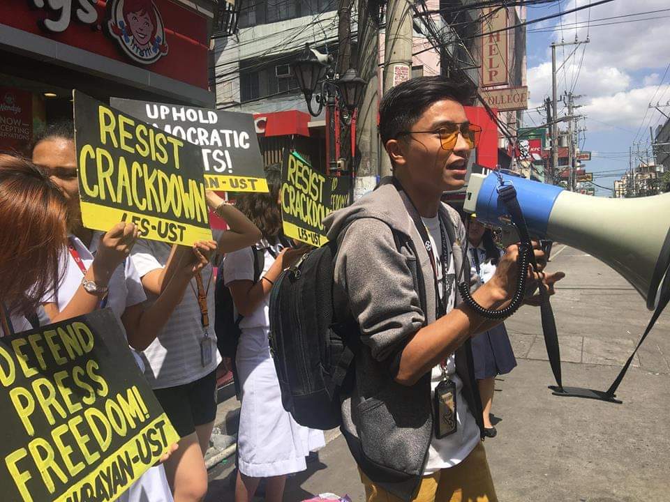 RIGHTS. Students urge people to uphold democratic rights in a protest action at UST Gate 11, Dapitan on February 14, 2019. Photo from League of Filipino Students UST 