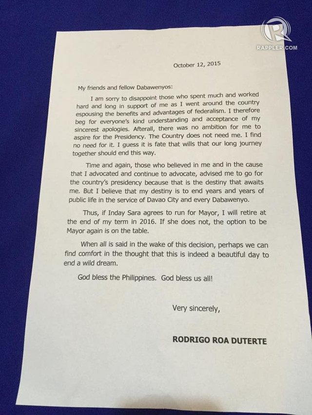 DUTERTE'S MESSAGE. Duterte chooses to read this statement to the public. Photo by Editha Caduaya/Rappler  