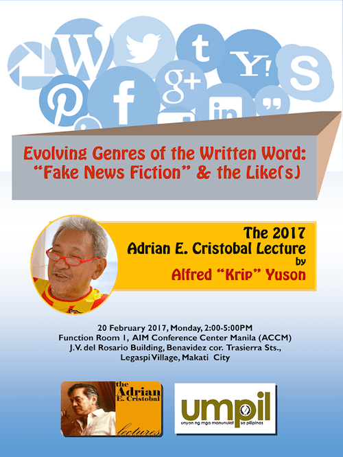 Author Alfred Yuson to lecture on ‘Fake News Fiction’ on February 20