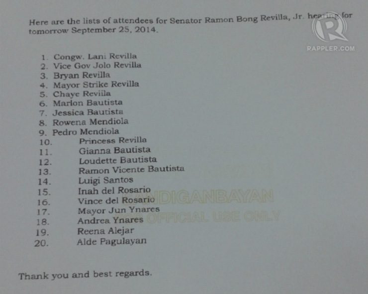 FAMILY AFFAIR? Revilla wants 20 of his family members in court during his 48th birthday. List obtained by Rappler