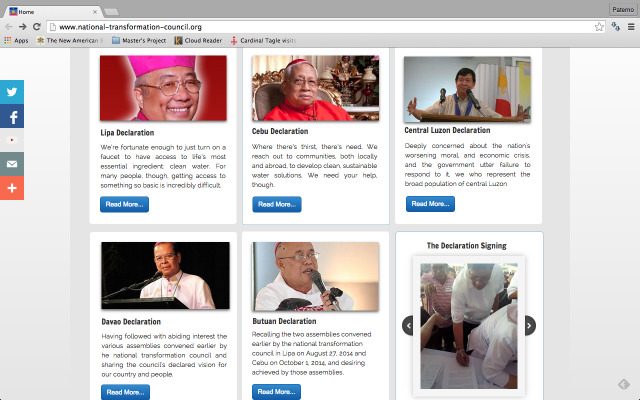 BISHOPS AS CENTERPIECE. Its homepage is a clear indication that the National Transformation Council is seeking moral authority from Catholic bishops. Screen grab from national-transformation-council.org 