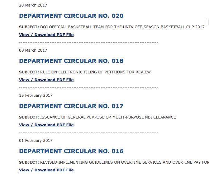 MISSING CIRCULAR. Screenshot of the DOJ website as of July 26, 2017 where Circular 19 is missing as pointed out by Senator Panfilo Lacson. 