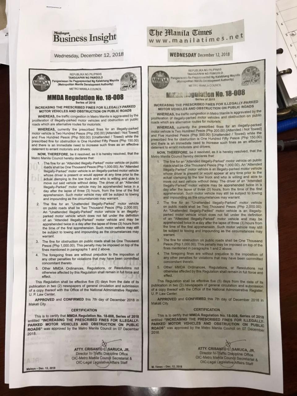 PUBLISHED. The MMDA published MMDA Regulation No. 18-008 on illegal parking on December 12, 2018 on newspapers Malaya Business Insight and Manila Times. Photo courtesy of MMDA 