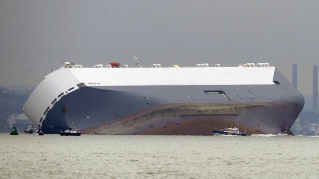 Transport ship beached off English coast
