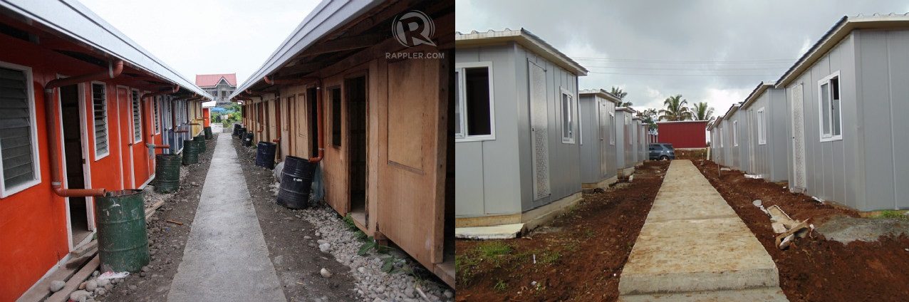 TEMPORARY SHELTERS. A comparison of the temporary shelters built for victims of the 2013 typhoon Yolanda (Haiyan) (left) and the 2017 Marawi siege (right). Photos by Franz Lopez and NHA. 