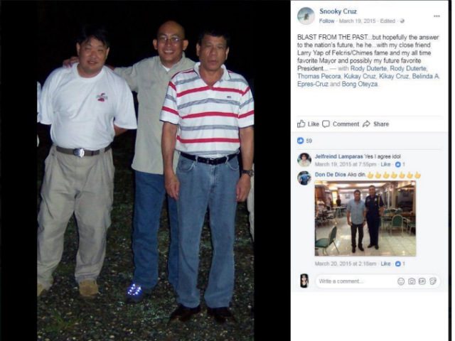 PHOTO FROM 2015. Senator Antonio Trillanes IV presents this photo of long-time Davao City Mayor Rodrigo Duterte with Daniel 'Snooky' Cruz, from a supposed screenshot of Cruz's Facebook account. Photo from Trillanes' PowerPoint presentation   