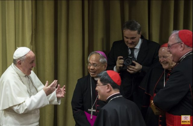 OLD FRIENDS. Pope Francis (1st from left) chats with Cardinals Orlando Quevedo (2nd) and Luis Antonio Tagle (3rd) during a meeting of cardinals in Vatican City in February. Photo from news.va 