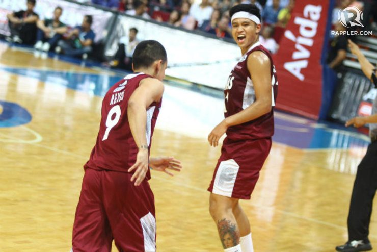 JR Gallarza and Mikee Reyes of UP celebrate after another basket against Adamson. Photo by Josh Albelda