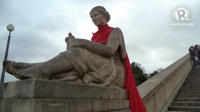 DRESS UP. Various statues across Paris were dressed in red cloth by advocates to symbolize their call for a fair climate agreement. 