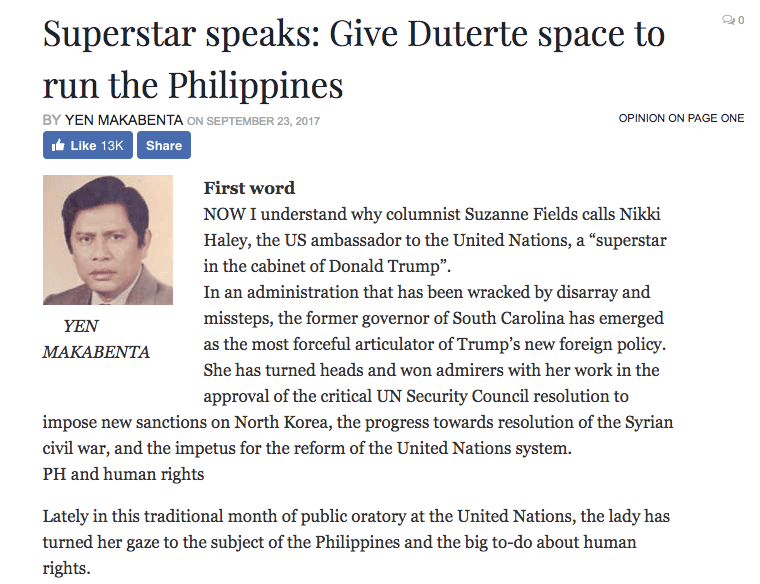 Screenshot of Yen Makabenta's piece published on Manila Times website  