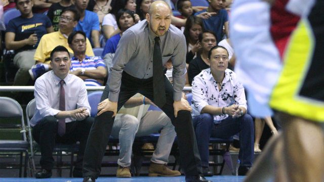 New Ginebra coach Jeff Cariaso patrols the sidelines in his first start. Photo by Nuki Sabio/PBA Images