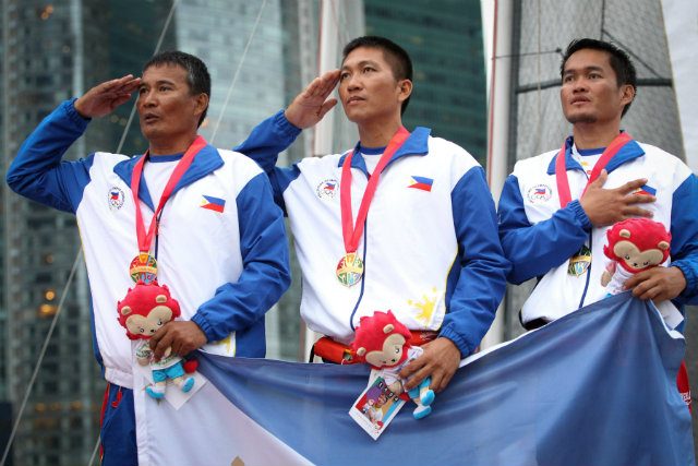 Ridgely Balladares, Rommel Chavez and Richly Magsanay won the Philippines its first sailing SEA Games gold in a decade. Photo by Singapore SEA Games Organising Committee/Action Images via Reuters 