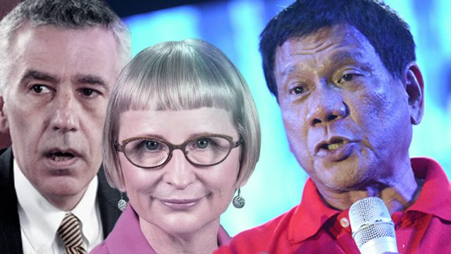 SHUT UP? Presidential candidate Rodrigo Duterte (right) says US Ambassador Philip Goldberg and Australian Ambassador Amanda Gorely (middle) should not comment on election-related issues because foreigners are barred from doing so under the Philippine Constitution. 