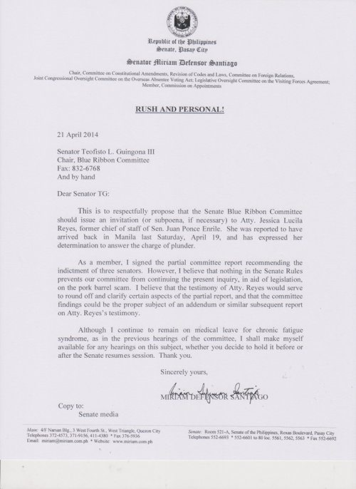 Senator Santiago's letter to Guingona